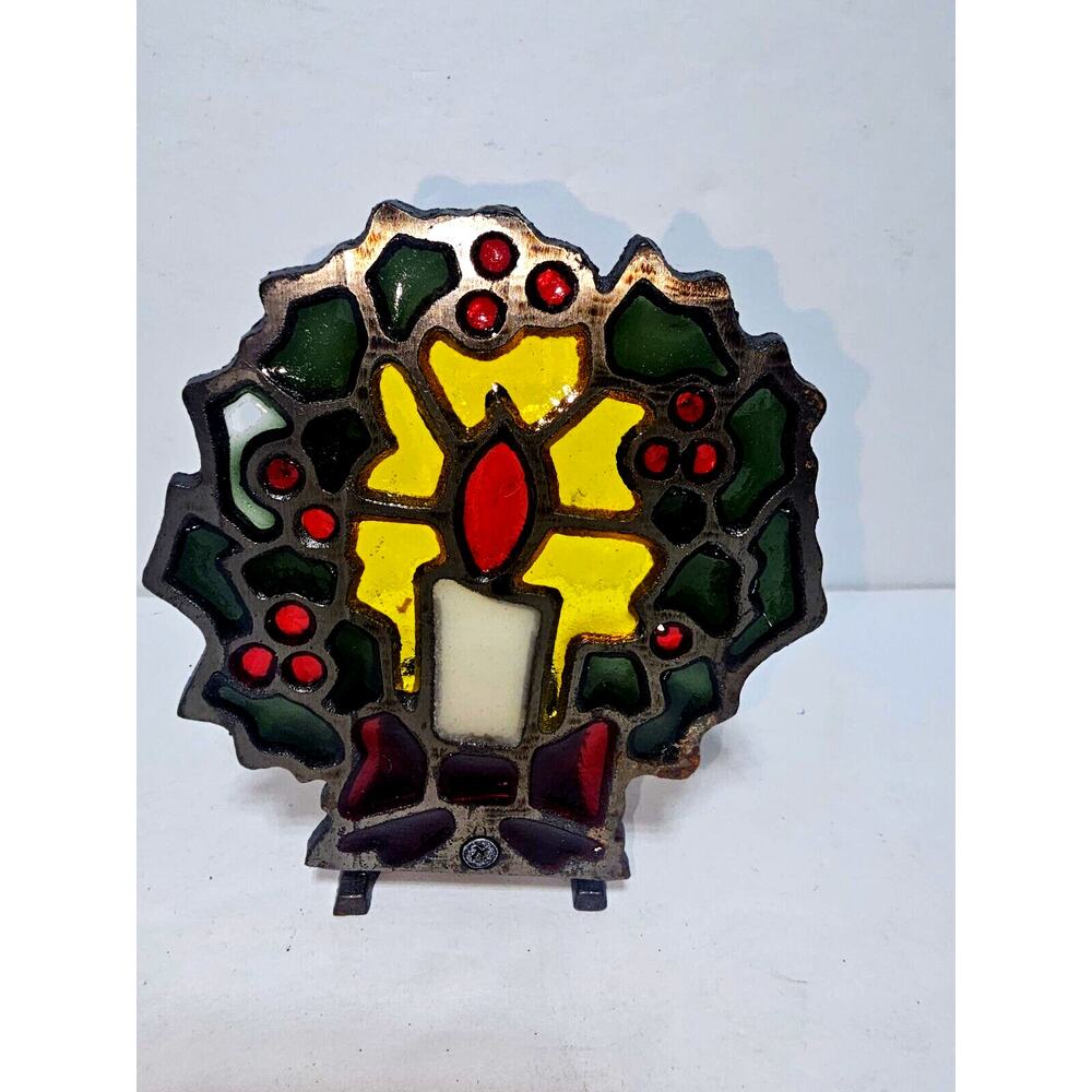 VINTAGE Stained Glass Cast Iron Christmas Wreath Tea Light Votive Candle Holder